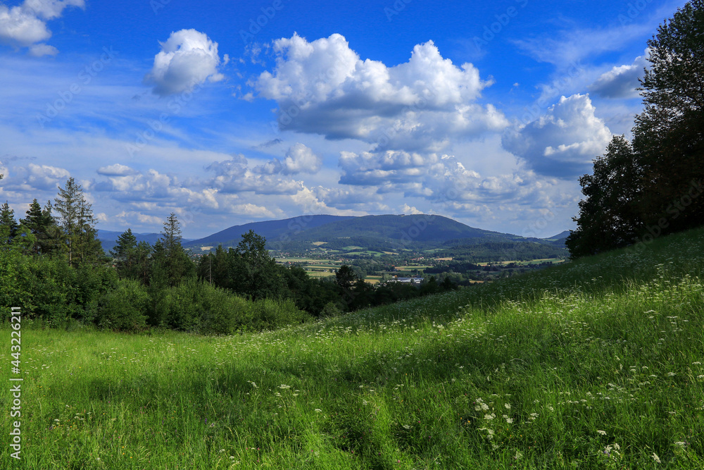 View on the Czantoria Peak in Beskid Śląski from the Chełm Mountain in Goleszów