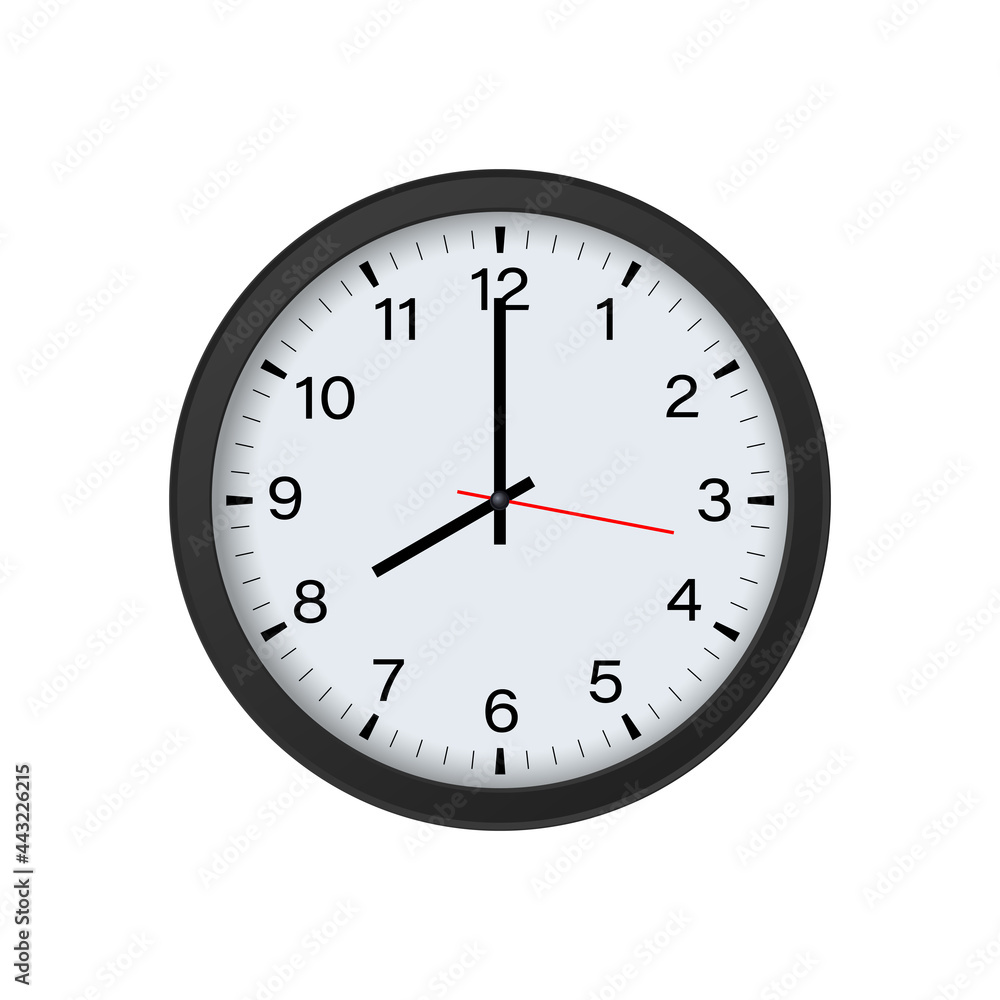 Round Black Clock Mockup Showing 8 O'clock Isolated on White Background. Vector Illustration Round Black Clock Mockup Showing 8 O'clock Isolated on White Background. Vector Illustration