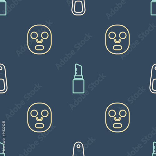 Set line Pumice for feet, Facial cosmetic mask and Lipstick on seamless pattern. Vector
