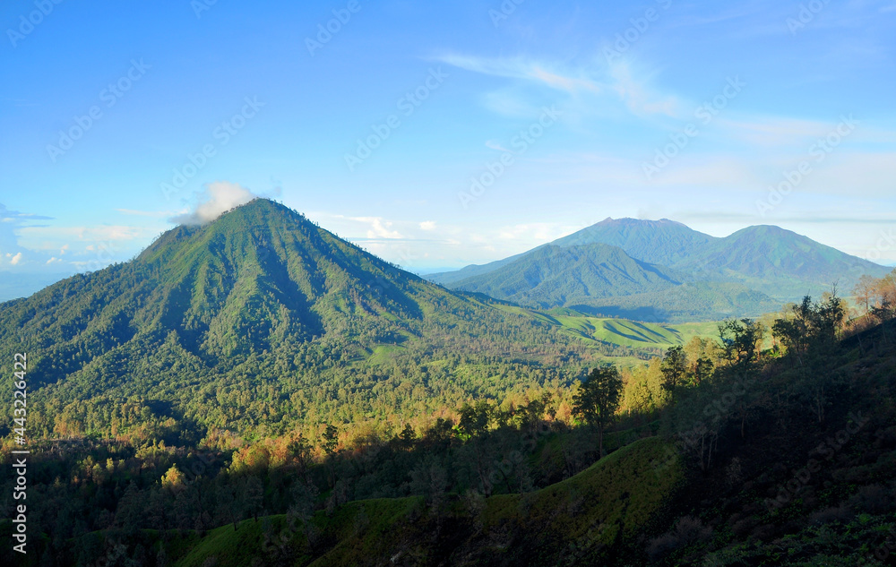 Landscape of mount Ijen in Banyuwangi regency of East Java Indonesia,with full smoke and yellow sulphur