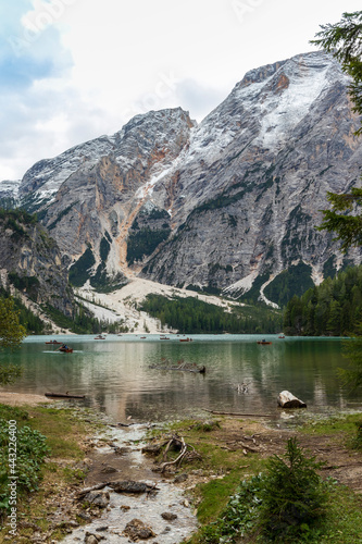 Landscape at Lake Braies. Lago di Braies. In Italian dolomiti alps.