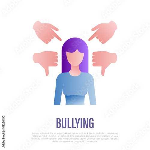 Bullying: the girl is pointed by fingers and by thumbs down. Aggressive behavior. Gradient icon. Vector illustration.