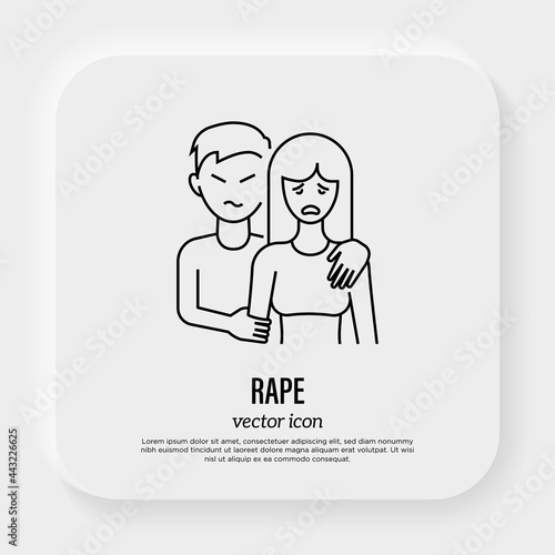 Rape thin line icon. Man holds crying woman for the shoulders. Victim of violence. Sexual harassment. Abuser. Vector illustration.