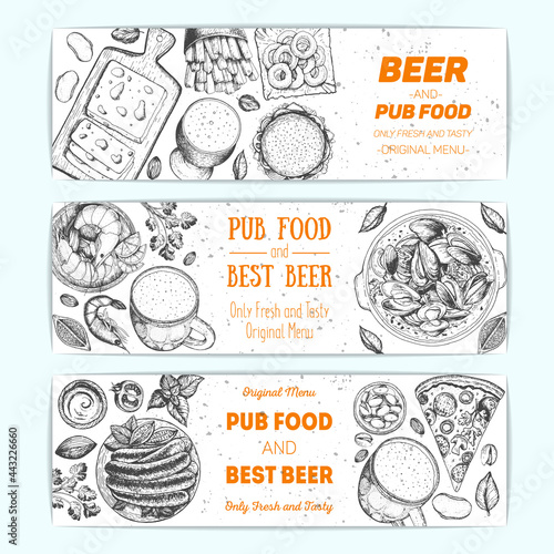 Banner set for beer pub or beer restaurant. Vector illustration in sketch style. Hand drawn banners. Engraved style image.