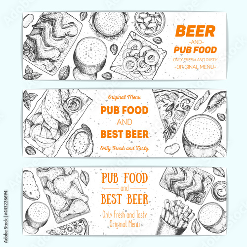 Banner set for beer pub or beer restaurant. Vector illustration in sketch style. Hand drawn banners. Engraved style image.