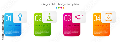Set line Magic hand mirror, Sword in the stone, lamp Aladdin and Ancient magic book. Business infographic template. Vector
