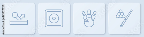 Set line Billiard ball, Bowling pin and, chalk and cue. White square button. Vector