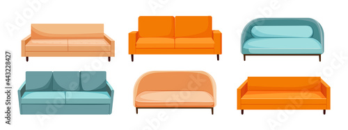 Set of sofa in a trendy style on a white background. The concept of upholstered furniture. Home furniture. Elements for interior design. Vector illustration in flat cartoon style.