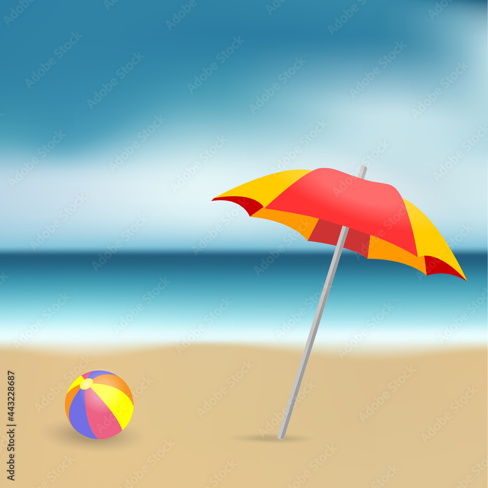 Seascape of summer holidays. A beach scene with a beach umbrella and a ball, the sea shore, the horizon. Vector illustrations