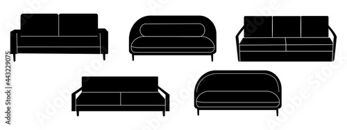 Sofa icons set. Silhouette of upholstered furniture for the room. Interior Design. Vector graphics isolated on white background.