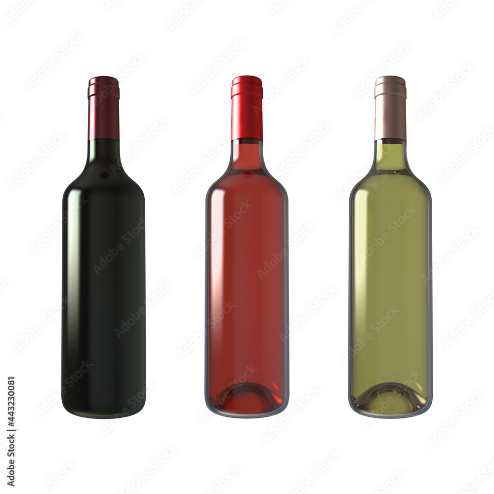 Set wine bottles. Three bottles of wine - red, rose, white. Isolated white background. Template for advertising, design, corporate identity. 3D rendering Set wine bottles. Three bottles of wine - red, rose, white. Isolated white background. Template for advertising, design, corporate identity. 3D rendering