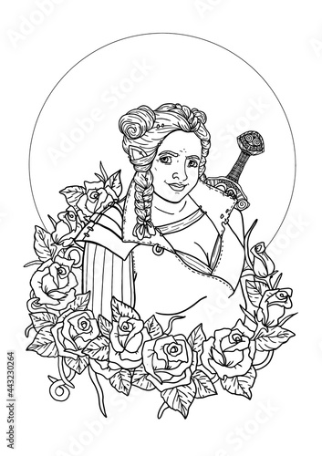 Fantasy character against the background of a large moon, a militant dwarf woman with a sword on his back, girl with hairstyle, pigtails and powerful body, in a fairytale pattern of roses.