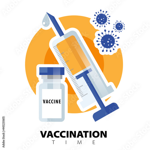 Vaccination concept. Covid-19 coronavirus vaccine. Syringe and vaccine vial flat icons. Treatment for coronavirus covid-19. Time to vaccinated. Isolated vector illustration