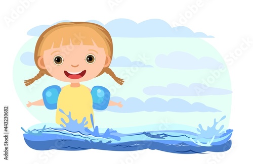 Girl is having fun. Waves of water in river, sea or ocean. Flow. Swimming, diving and water sports. Pool. Isolated on white background. Illustration in cartoon style. Flat design. Vector art