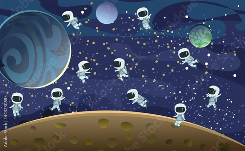 Astronauts in spacesuits. Cosmos background. Planets. Childrens illustration. Starry sky landscape. Dark colors. Flat style. Cartoon design. Vector