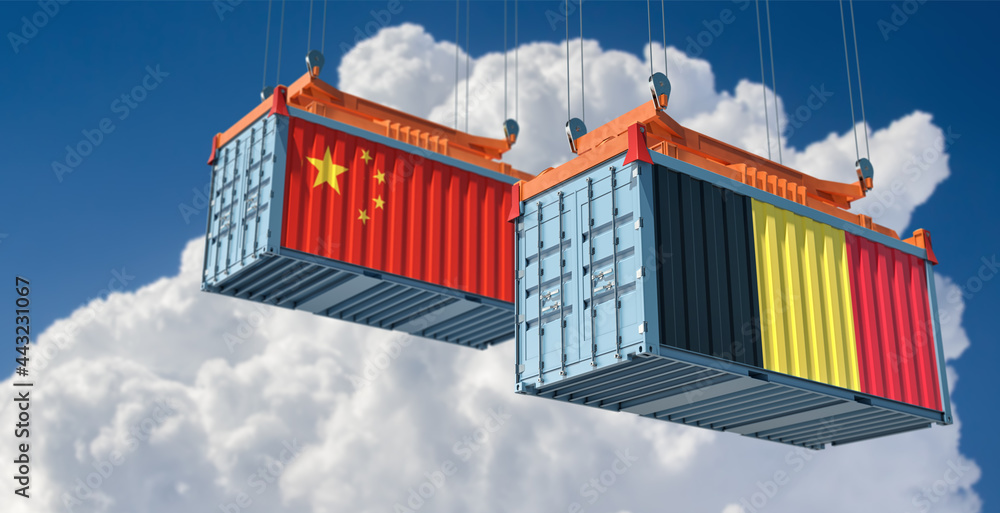 Cargo containers with China and Belgium national flag. 3D Rendering 