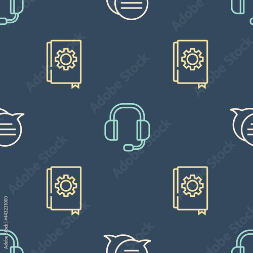 Set line Speech bubble chat, User manual and Headphones on seamless pattern. Vector