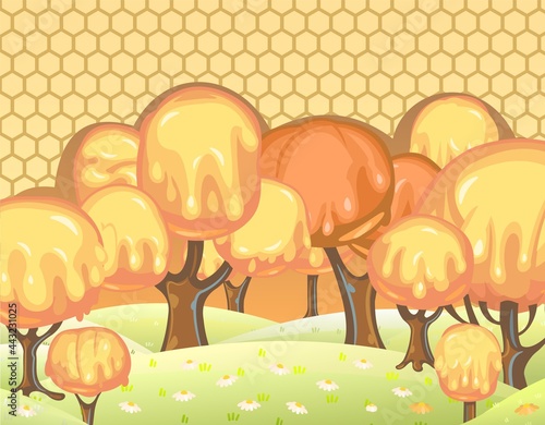 Fabulous sweet landscape with honey trees. Children's fantastic illustration with a honeycomb. Cartoon style. Cute cheerful scene. Summer flower hills. Vector