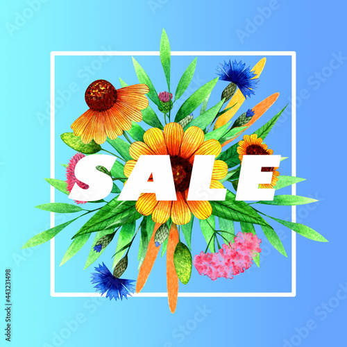 Seasonal Sale square card template with watercolor wild flowers and plants bouquet decor on blue-green gradient background