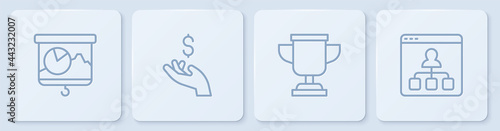 Set line Chalkboard with chart, Award cup, Hand holding coin money and Online education. White square button. Vector