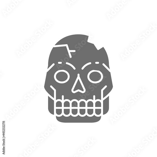 Primitive man skull, Pithecanthropus bones, human remains gray icon.