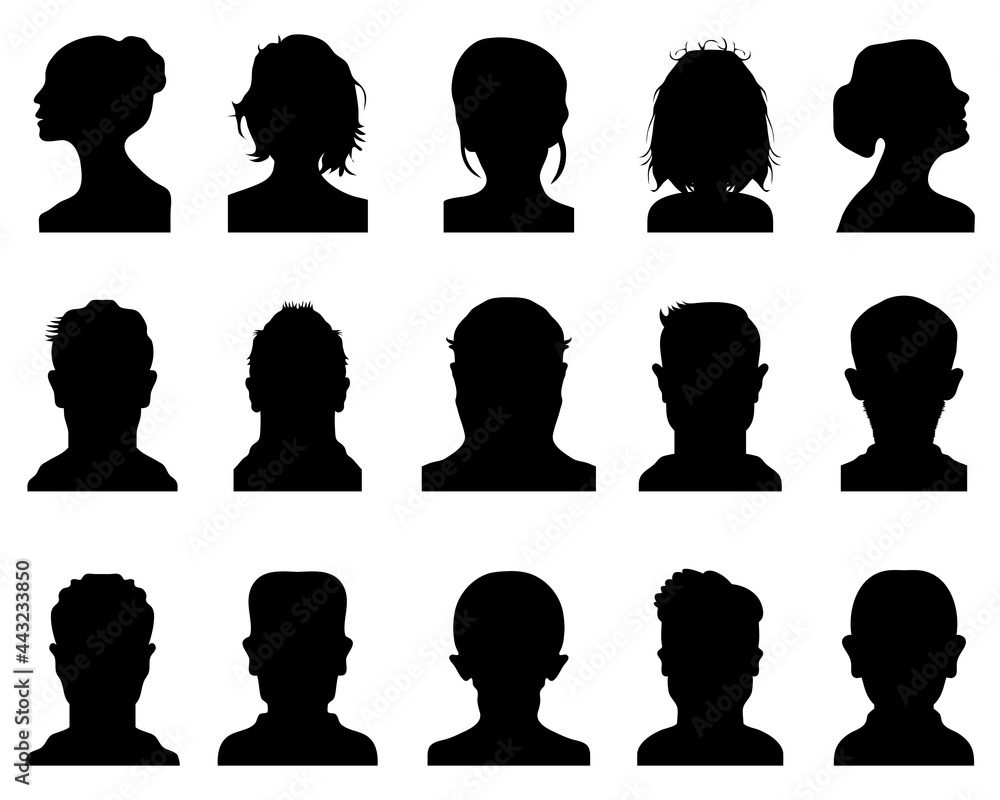 Black silhouettes of avatar profile on a white background