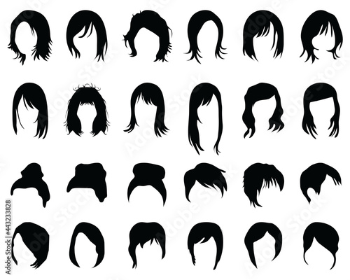 Black silhouettes of female and male hairstyles on a white background 