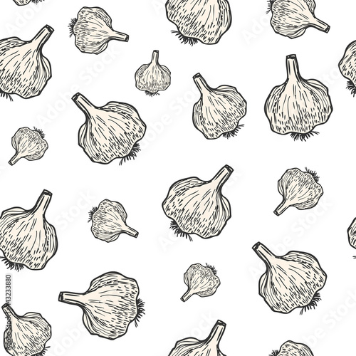 Garlic hand drawn background seamless pattern. Vintage background. Vector