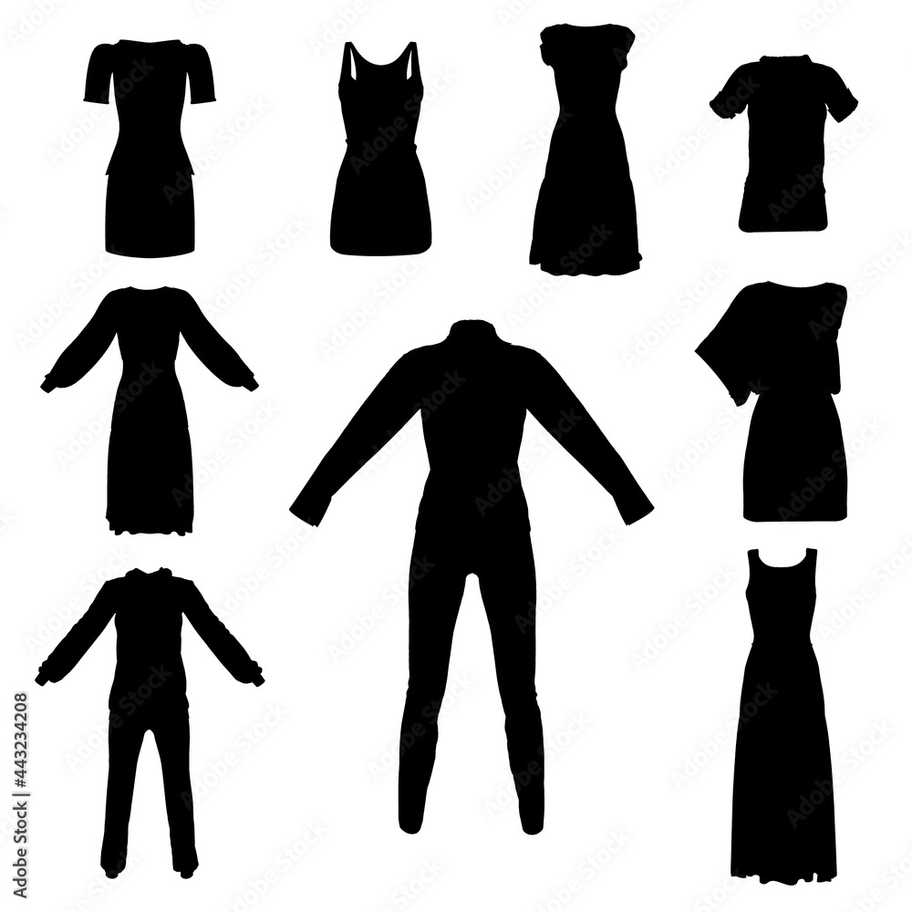 Set with silhouettes of clothes, dresses, suits isolated on white background. Vector illustration Set with silhouettes of clothes, dresses, suits isolated on white background. Vector illustration