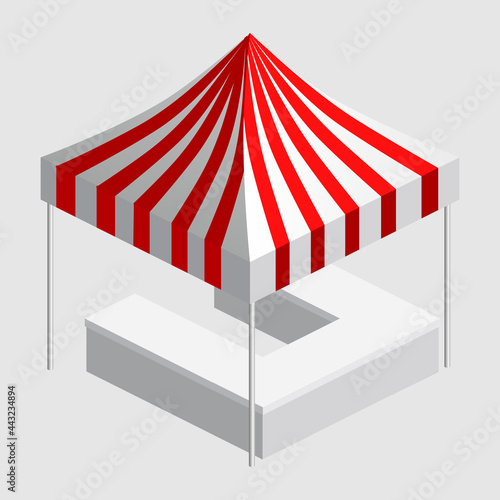 Isometric market stall, tent. Street awning canopy kiosk, counter, white red strings for fair, street food, market, grocery goods. Vector isolated