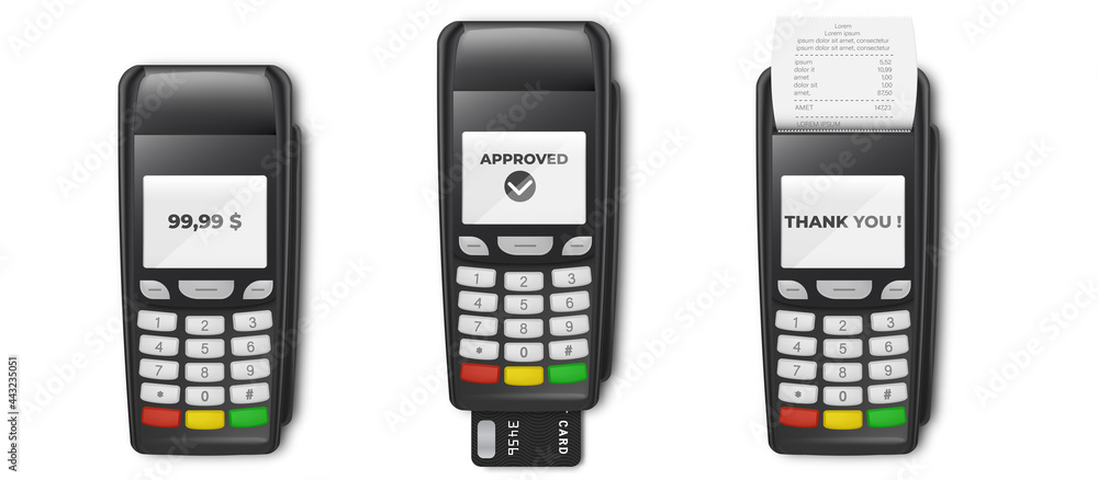 Bank Payment Terminal POS Terminal with Receipt and Credit Card Isolated on White Background. Mockup template of bank payment terminal, transaction receipt. Bank Payment Terminal POS Terminal with Receipt and Credit Card Isolated on White Background. Mockup template of bank payment terminal, transaction receipt.