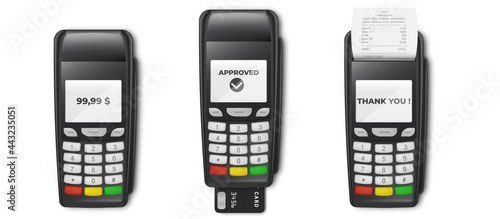 Bank Payment Terminal POS Terminal with Receipt and Credit Card Isolated on White Background. Mockup template of bank payment terminal, transaction receipt.