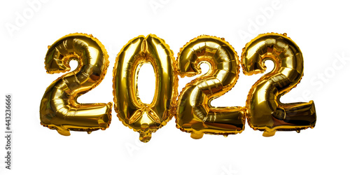 Gold foil numbers 2022 festive balloon concept new year on white