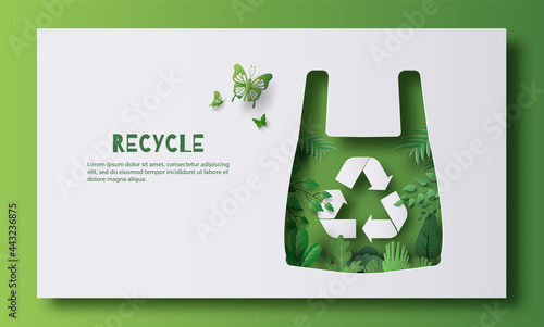 Recycle banner design, a plastic bag with recycle sign and many plants inside, save the planet and energy concept, paper illustration, and 3d paper. photo