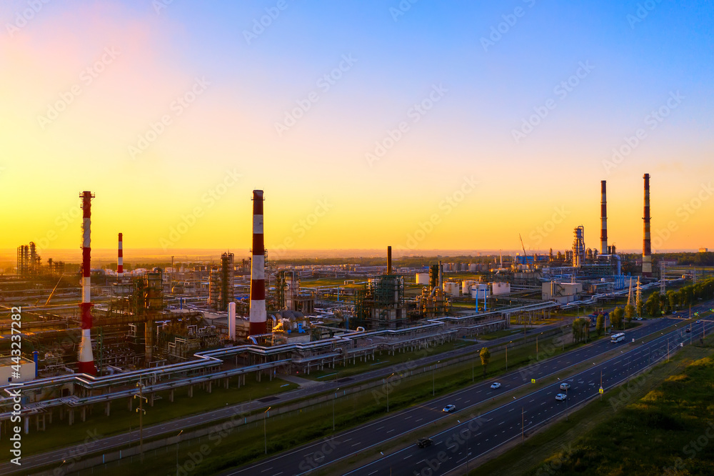 Aerial drone view of petrol industrial zone or oil refinery in Yaroslavl, Russia during sunset time