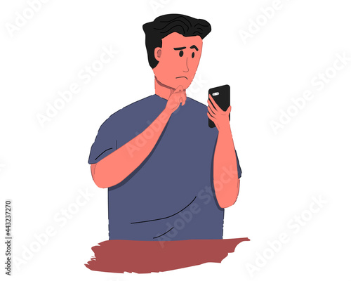 Man of the expression of the question to operate a smartphone.