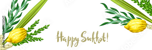 Happy Sukkot greeting card. Holiday background with Jewish festival traditional symbols.