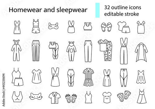 Homewear and sleepwear outline icons set. Comfortable clothes. Editable stroke. Isolated vector stock illustration