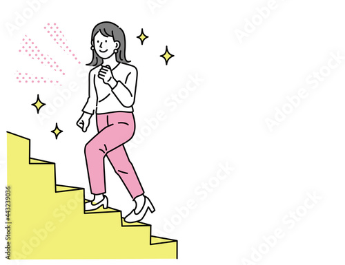 ビジネスイラスト(やる気、挑戦、努力、女性、目標、自立、ステップアップ、成長、ガッツポーズ、向上心) Vision vector illustration. Flat tiny business direction persons concept. Motivation, challenge, effort, women, goals, independence, guts pose
