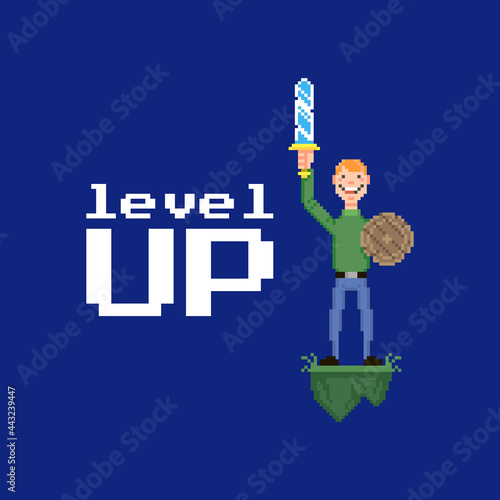 colorful simple flat pixel art illustration of smiling guy holding a sword and shield in his hands and a level up inscription next to it
