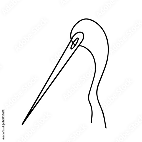Doodle vector hand drawn needle with thread. Handmade, sewing, logo, repair,clothes, needlework. Design element isolated for typography and digital use.
