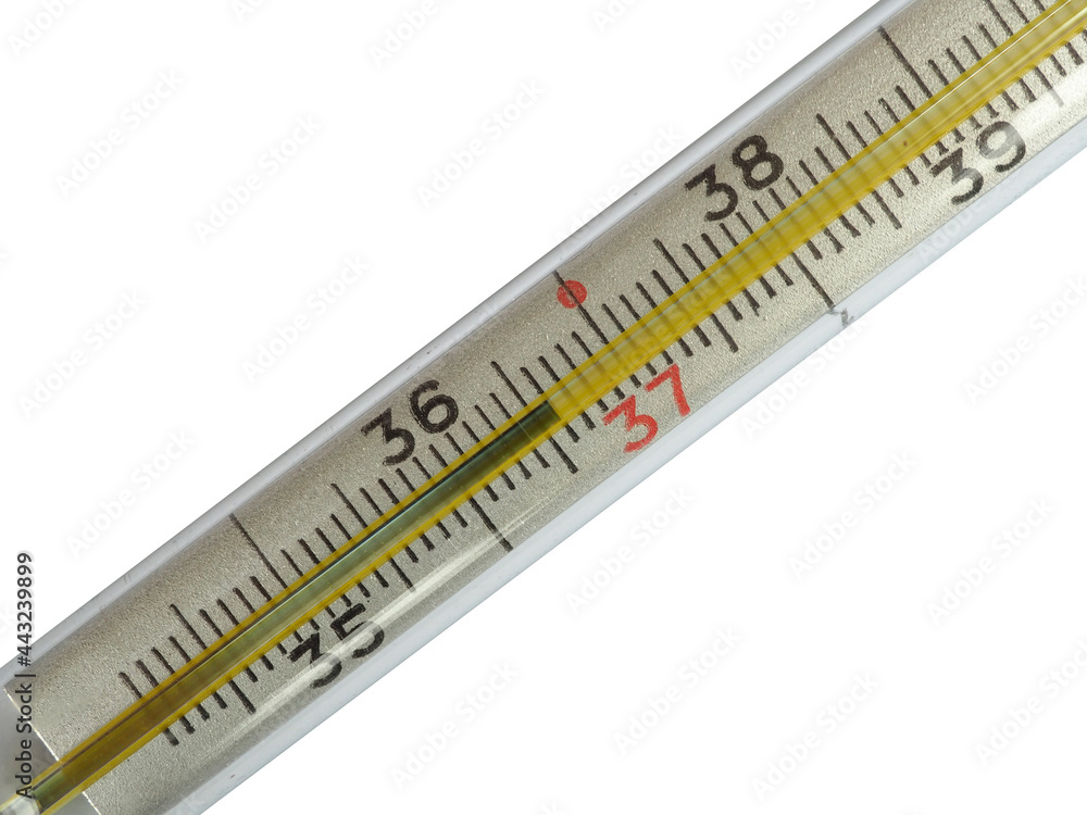 Mercury glass thermometer, normal temperature, isolated on a white background Mercury glass thermometer, normal temperature, isolated on a white background