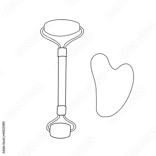 Doodle vector hand drawn beauty tools kit jade roller and guasha stone for face massage. Lifting, wrinkles, anti aging,skin care, quartz, beauty tools.Element isolated for typography and digital use.