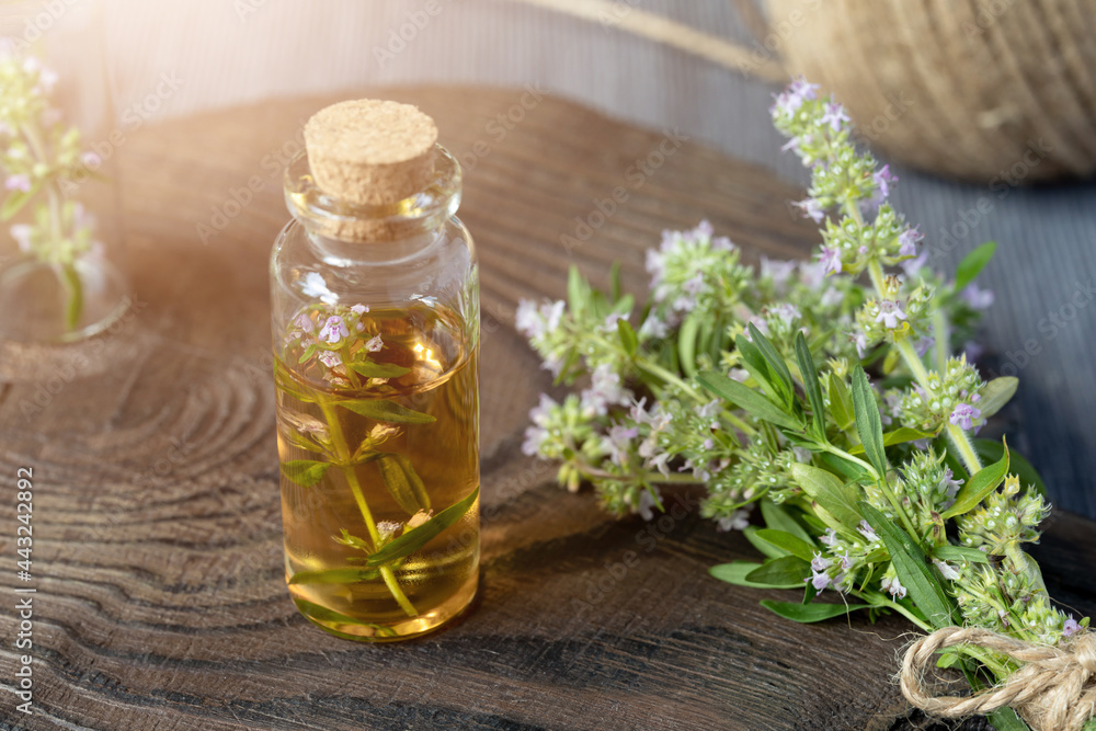 Thyme essential oil in a glass bottle and a bunch of thyme on a dark wooden background. Aroma oil preparation. Traditional medicine concept Thyme essential oil in a glass bottle and a bunch of thyme on a dark wooden background. Aroma oil preparation. Traditional medicine concept