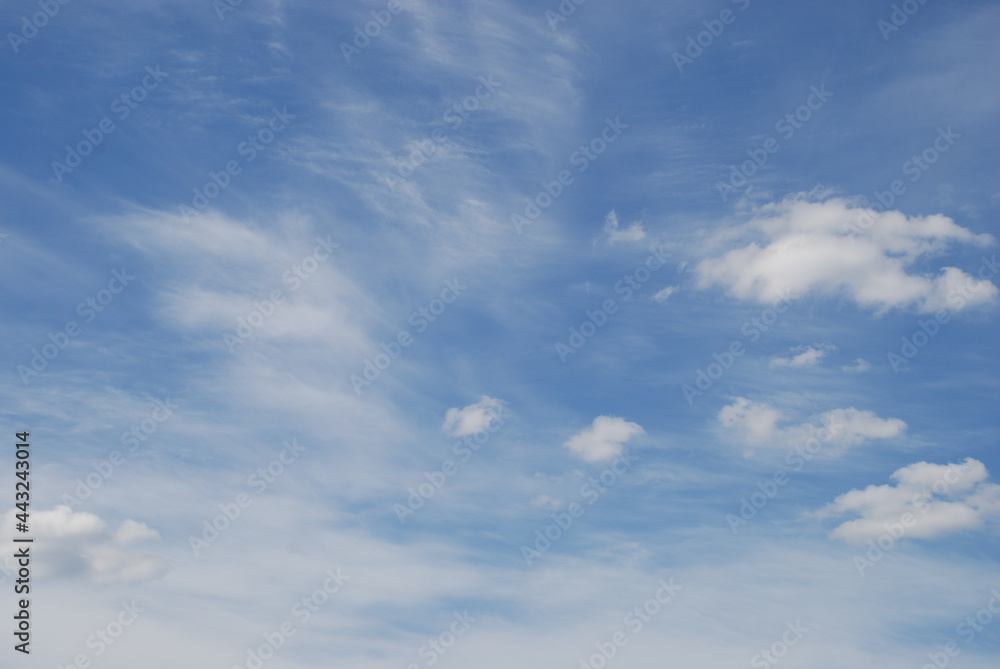 Cumulus and cirrus clouds in the sky. Against the background of a blue sky, various types of clouds, on top of a canvas of high cirrus clouds on the bottom, several cumulus clouds of various sizes. Cumulus and cirrus clouds in the sky. Against the background of a blue sky, various types of clouds, on top of a canvas of high cirrus clouds on the bottom, several cumulus clouds of various sizes.