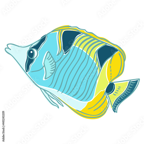 Funny cute blue and yellow cartoon tropical fish vector icon isolated on white background