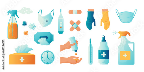 Hand sanitizer. PPE disinfection. Alcohol spray or gel for arms cleaning. Bottles of medical antiseptic and face mask. Adhesive plaster and boxes of tissues. Vector covid prevention set