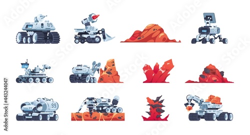 Cartoon rover. Alien planet exploration transport with manipulators for soil samples. Red rocks and minerals. Space discovery robot with antenna and drill. Vector research machines set