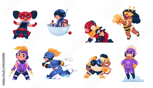 Cartoon superhero child. Funny kids mascots. Boys and girls in carnival costumes. Happy people cosplaying heroes in masks and capes. Isolated comic characters with superpower, vector set