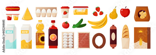 Daily food. Cartoon packed meal. Fresh vegetables and fruits. Cooking ingredients. Bottles of juice or oil. Milk products. Yogurt jars. Sausage and bread. Vector supermarket goods set
